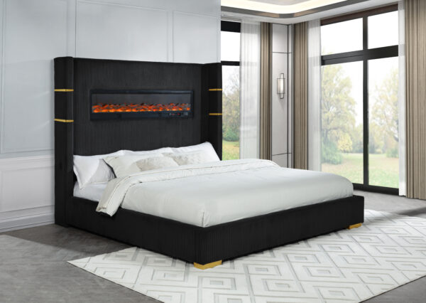 Titanic Furniture - Eliza Panel Bed Black Velvet Upholstered w/ Fireplace, Bluetooth Speaker, USB