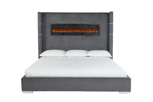 Titanic Furniture - Eliza Panel Bed Gray Velvet Upholstered w/ Fireplace, Bluetooth Speaker, USB - Image 2