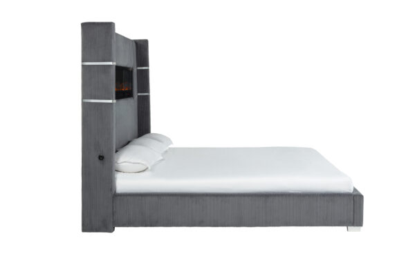 Titanic Furniture - Eliza Panel Bed Gray Velvet Upholstered w/ Fireplace, Bluetooth Speaker, USB - Image 3