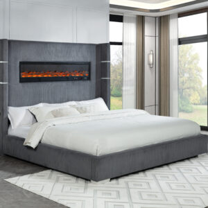 Titanic Furniture - Eliza Panel Bed Gray Velvet Upholstered w/ Fireplace, Bluetooth Speaker, USB