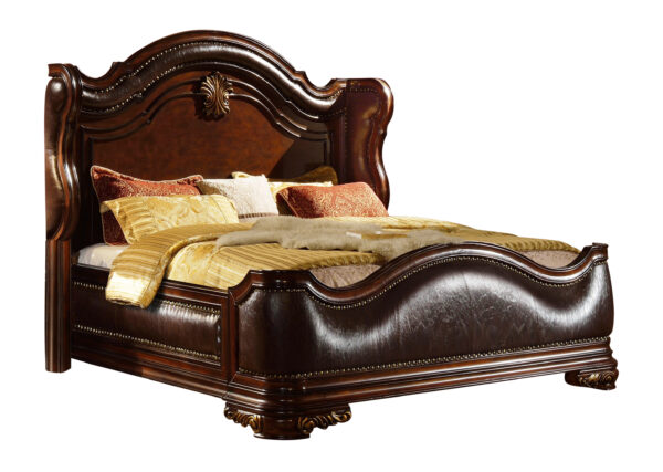 Titanic Furniture - Brooks Brown Leather Marble Top Nail Head Wingback Panel Bed - Image 2