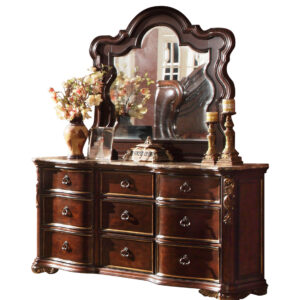 Titanic Furniture - Brooks Brown Leather Marble Top Nail Head Wingback Dresser with Mirror
