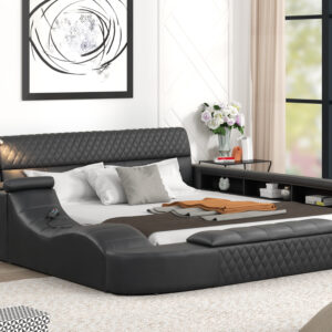 Titanic Furniture - Odessa Platform Bed Black Upholstered w/ Massage Chaise, Bluetooth Speaker, Side & Foot Storage, Reading Light