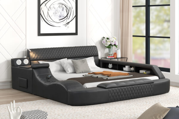 Titanic Furniture - Odessa Platform Bed Black Upholstered w/ Massage Chaise, Bluetooth Speaker, Side & Foot Storage, Reading Light