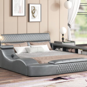 Titanic Furniture - Odessa Platform Bed Gray Upholstered w/ Massage Chaise, Bluetooth Speaker, Side & Foot Storage, Reading Light