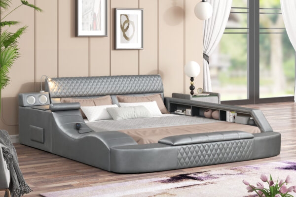 Titanic Furniture - Odessa Platform Bed Gray Upholstered w/ Massage Chaise, Bluetooth Speaker, Side & Foot Storage, Reading Light