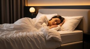 A person sleeping peacefully in a comfortable bed.